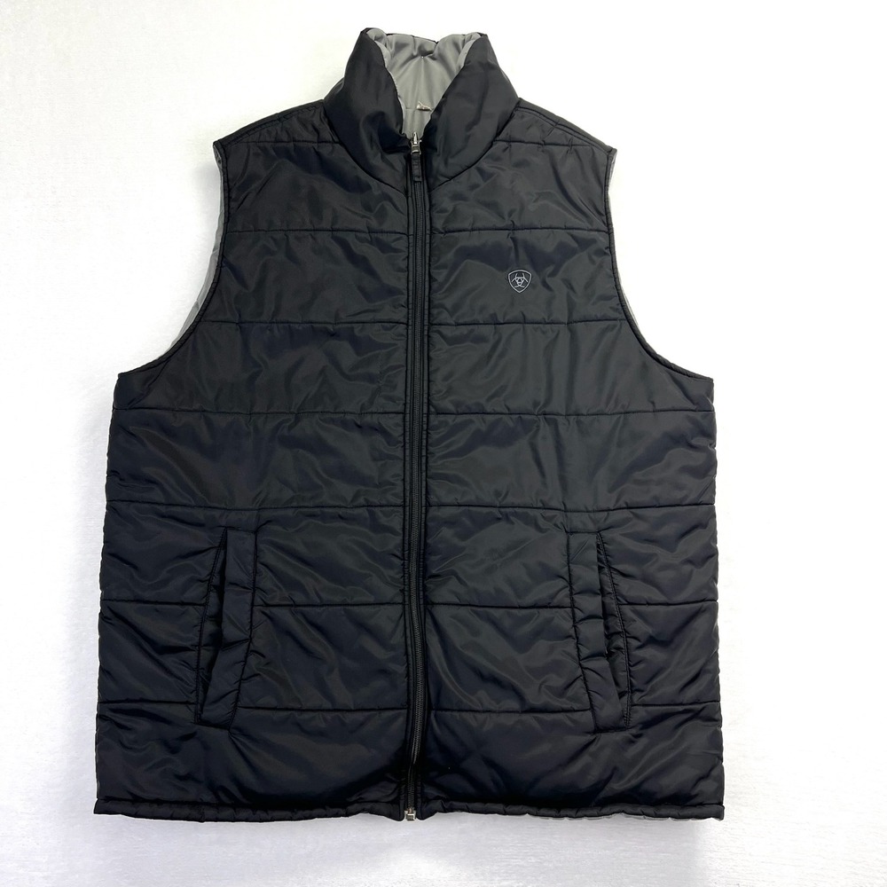 Ariat Mens Quilted Puffer Vest Black Grey Full Zip Reversible Jacket‎ XL Western